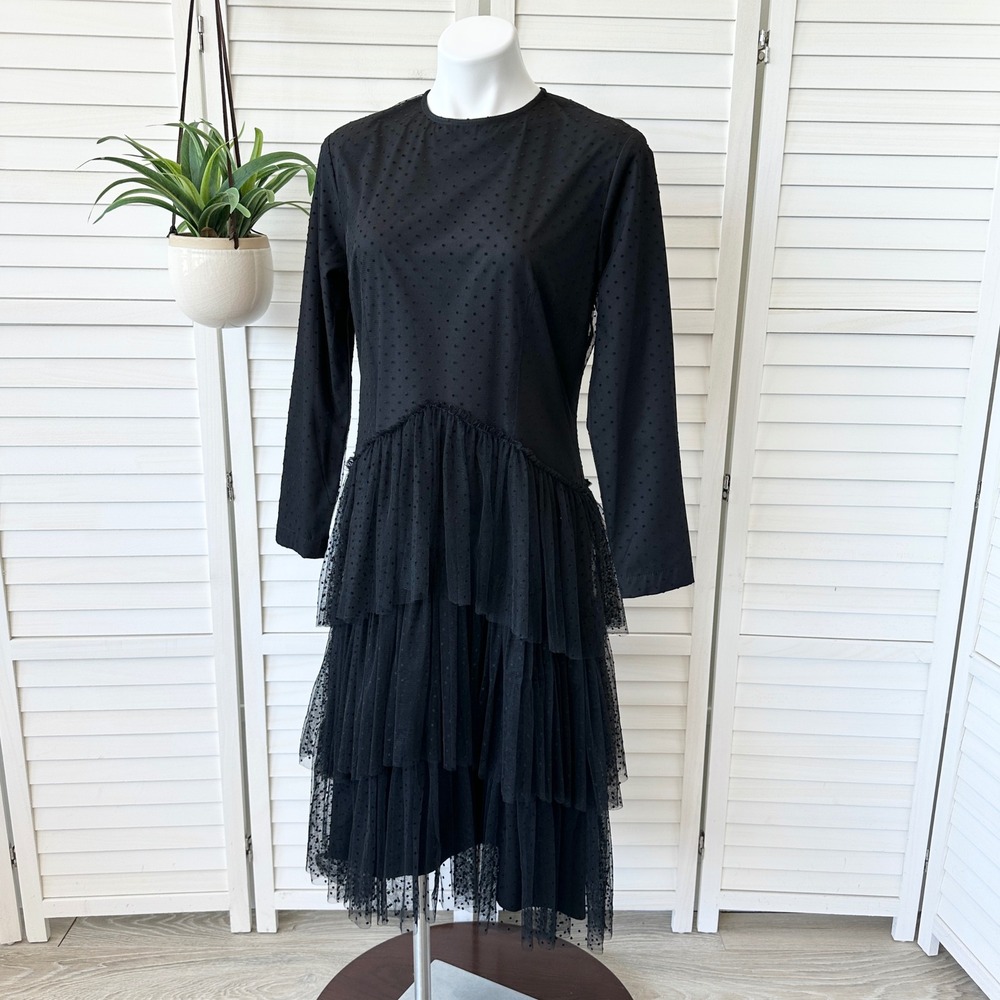 Ellie Makir New York Women's Black Polka Dot Tiered Tulle Dress Size XL